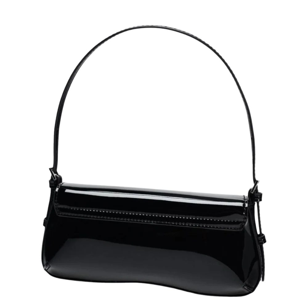 A black PU leather shoulder bag with an adjustable strap shown against a dark background.