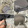 A gray adjustable water bottle carrier bag featuring a zippered pocket and a mesh design in the phone pocket.