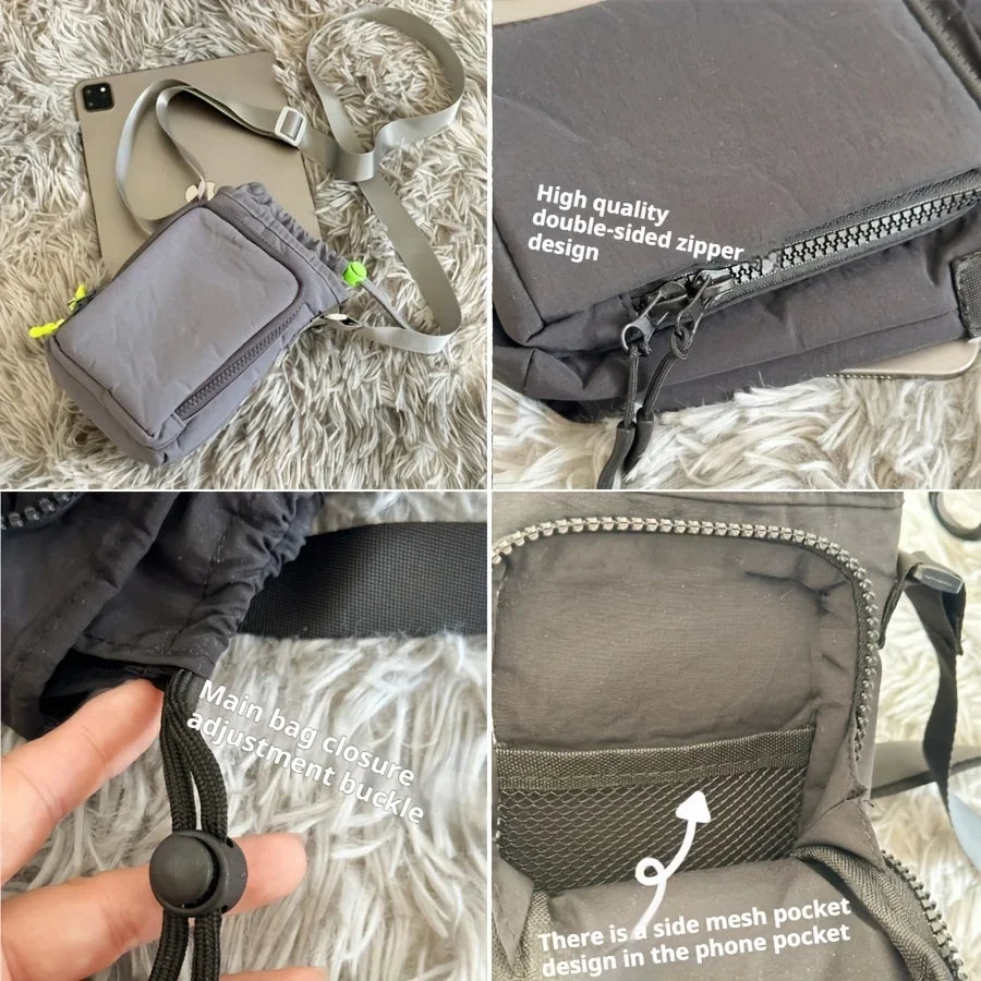 A gray adjustable water bottle carrier bag featuring a zippered pocket and a mesh design in the phone pocket.