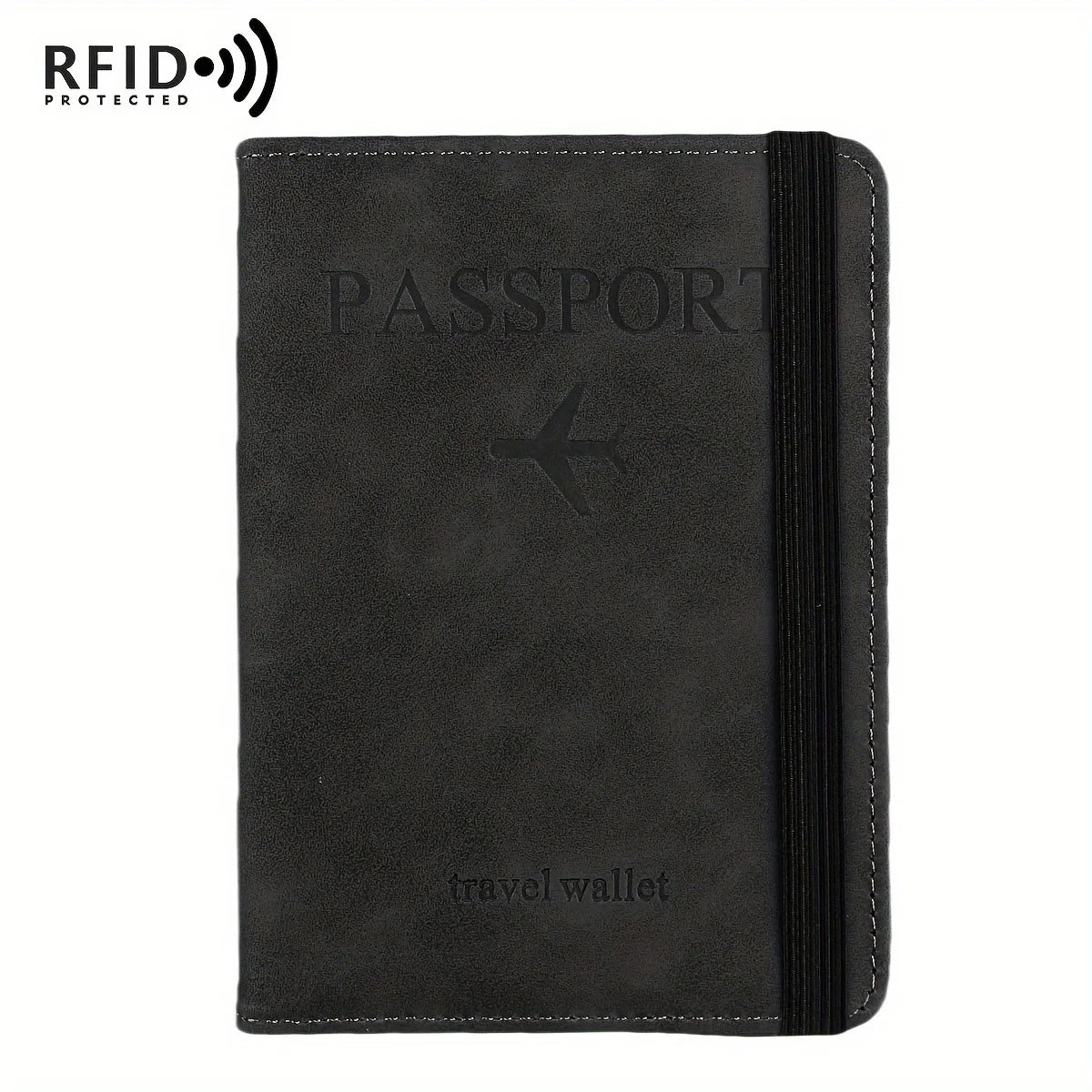 Black leather passport holder with a stitched edge and a small airplane emblem.
