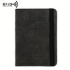 Black leather passport holder with a stitched edge and a small airplane emblem.