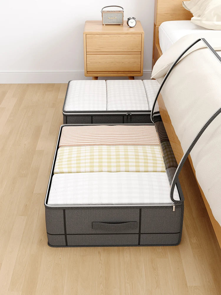 A foldable under-bed storage box with a window featuring striped bedding and a wooden nightstand.