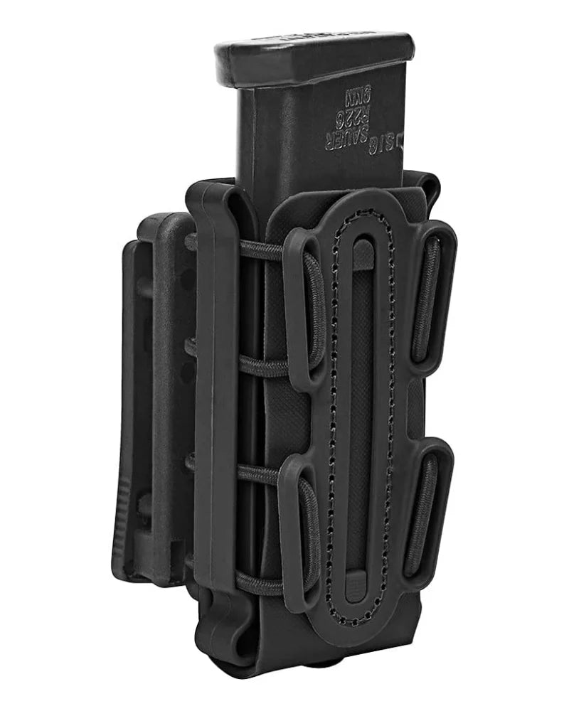A black universal inside-the-waistband magazine holster for concealed carry.