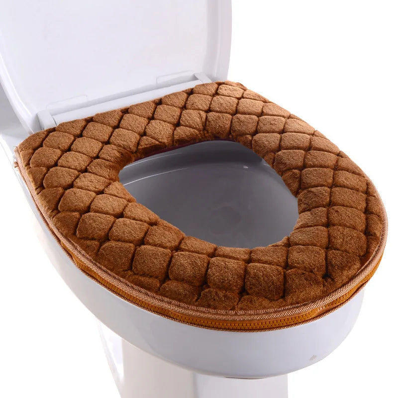 A brown plush waterproof toilet seat cover is shown installed on a white toilet bowl.