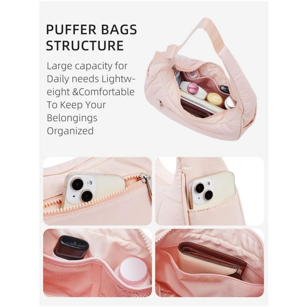 Pink puffer bags featuring various compartments and a quilted nylon structure.