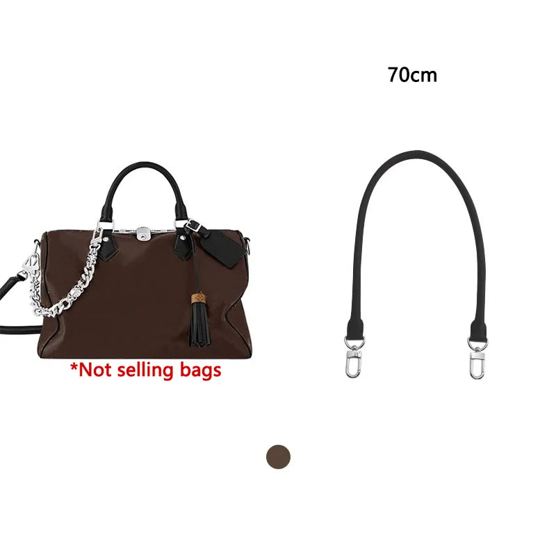 A brown leather shoulder bag with a silver chain strap and a black leather strap, shown next to the strap itself.