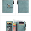A teal leather RFID anti-theft multi-card wallet shown in various views, including a closed version and an open version displ