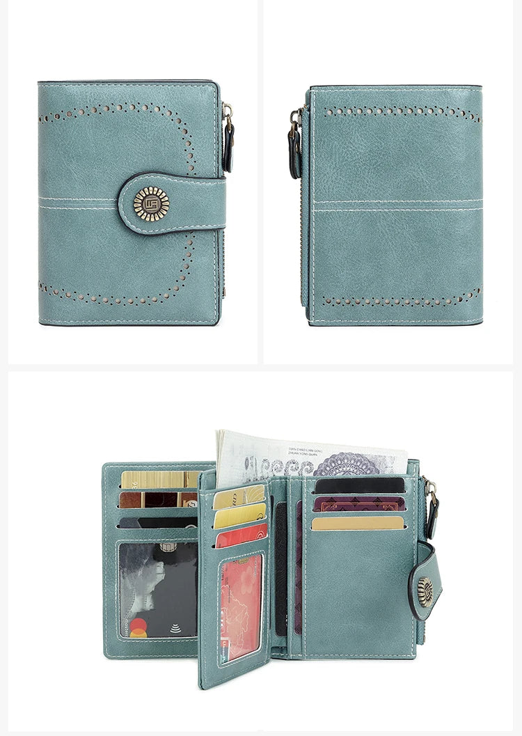 A teal leather RFID anti-theft multi-card wallet shown in various views, including a closed version and an open version displ