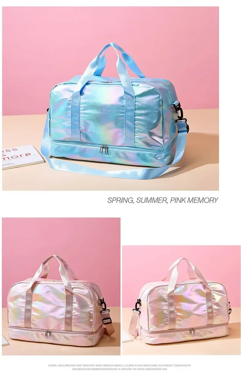 A light blue iridescent nylon travel bag with pink accents is displayed on a beige surface.