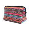 A portable neoprene cosmetic organizer bag featuring a leopard print and multicolored horizontal stripes.