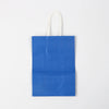 A plain blue reusable kraft paper gift bag with white handles.