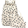 A beige corduroy strawberry backpack set featuring a repeating black floral pattern.