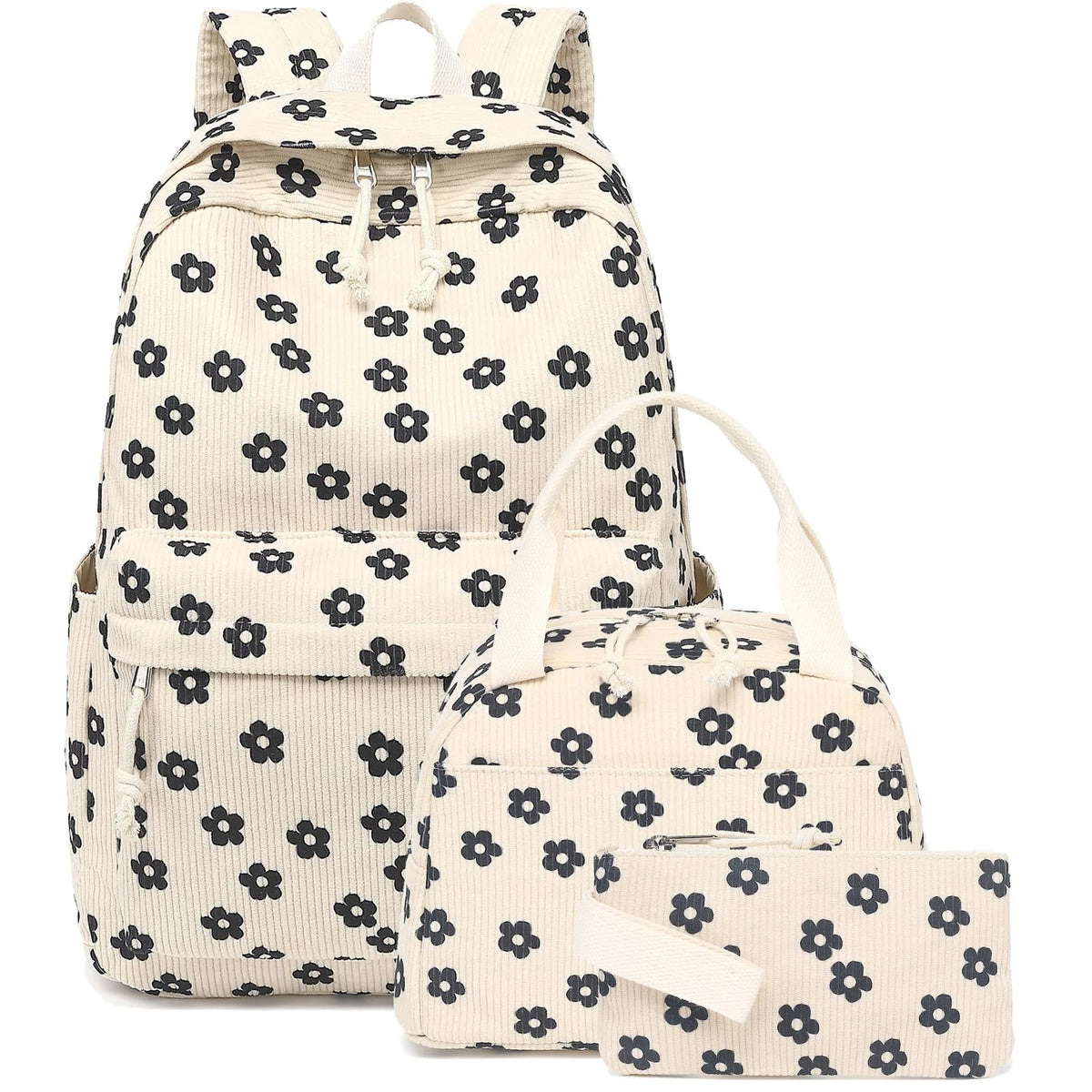 A beige corduroy strawberry backpack set featuring a repeating black floral pattern.