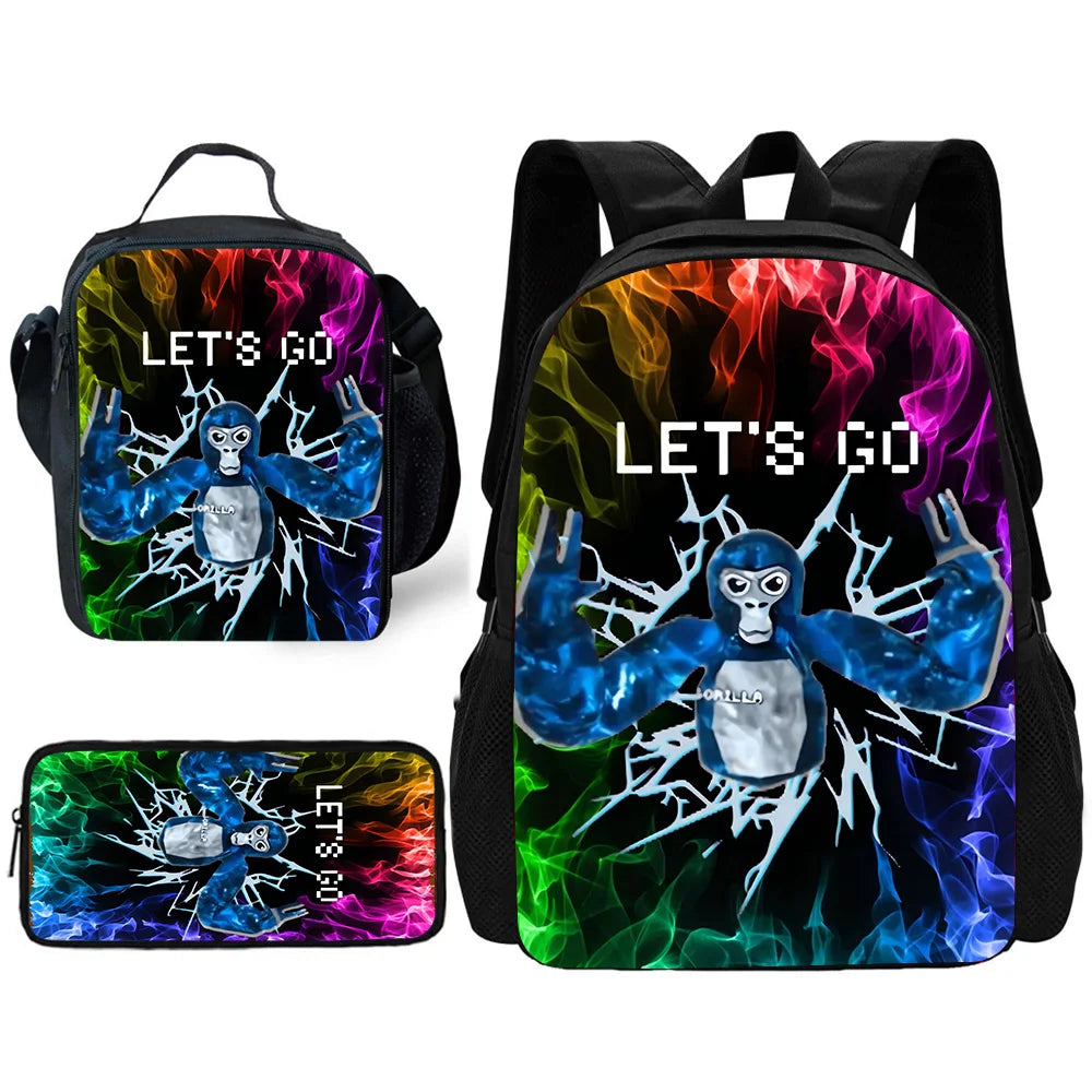 Un set de trois sacs à dos de gorilles en carton, avec des flammes colorées et des effets électriques.