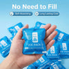 A hand holds a blue ice pack product labeled Ice Bag with text indicating self-absorbing and long lasting cold.