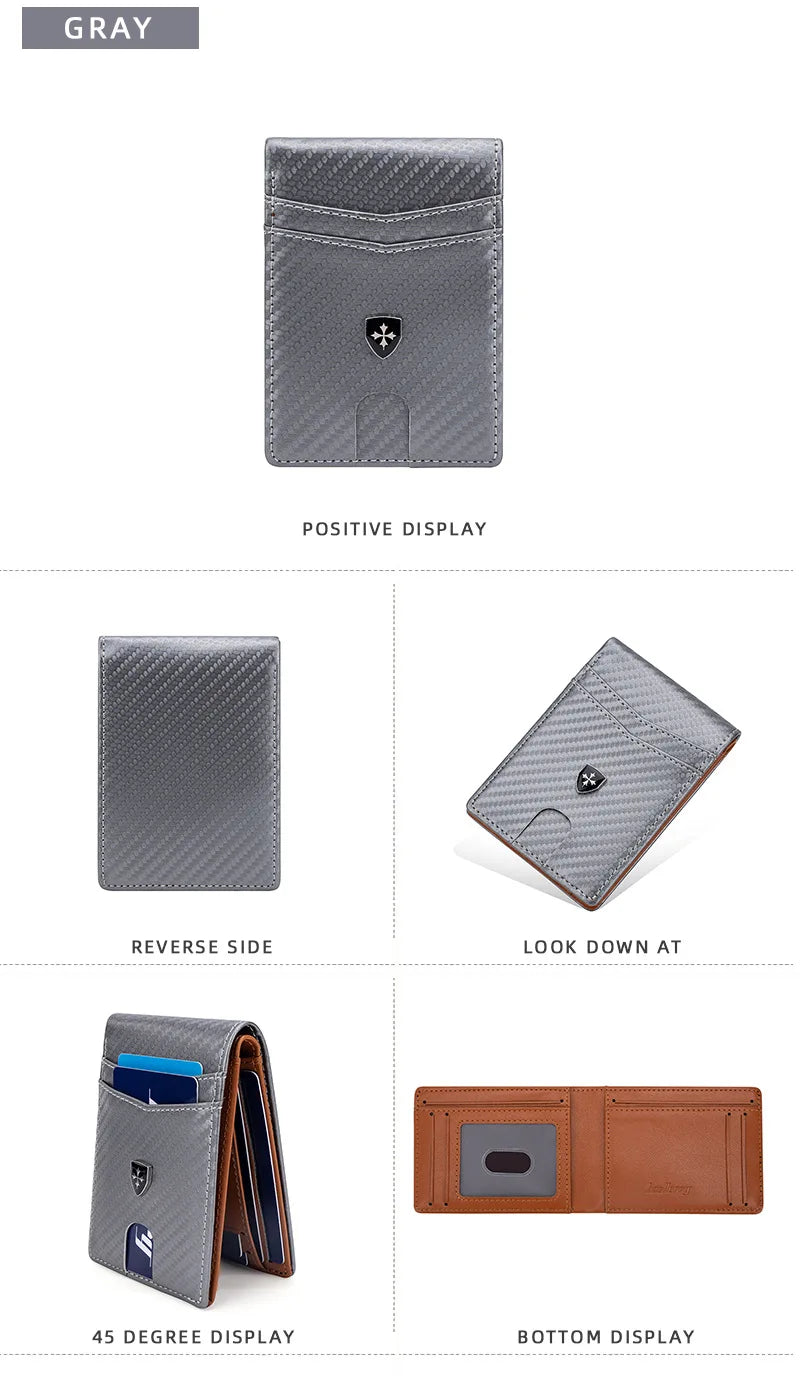 A gray slim leather wallet shown from various angles including positive display, reverse side, look down at view, 45 degree d