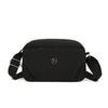 Bolso cruz de nylon impermeable negro con logo plateado y correa ajustable.