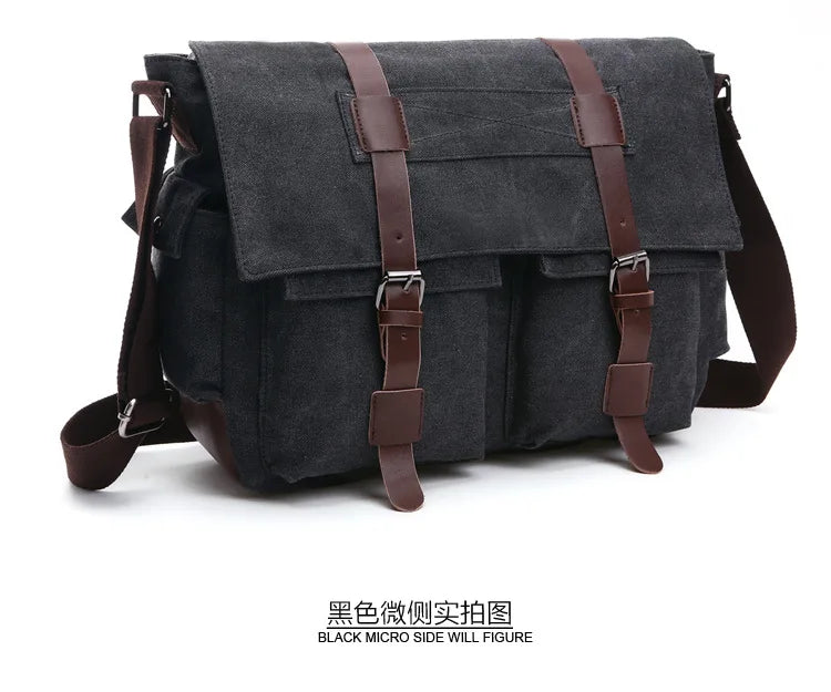 A dark gray canvas messenger bag with brown leather accents shown from the front.