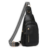 Black PU leather crossbody sling bag with a black and white striped strap