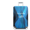 A dark blue suitcase with a wavy pattern and a silver handle, featuring the text hands off!