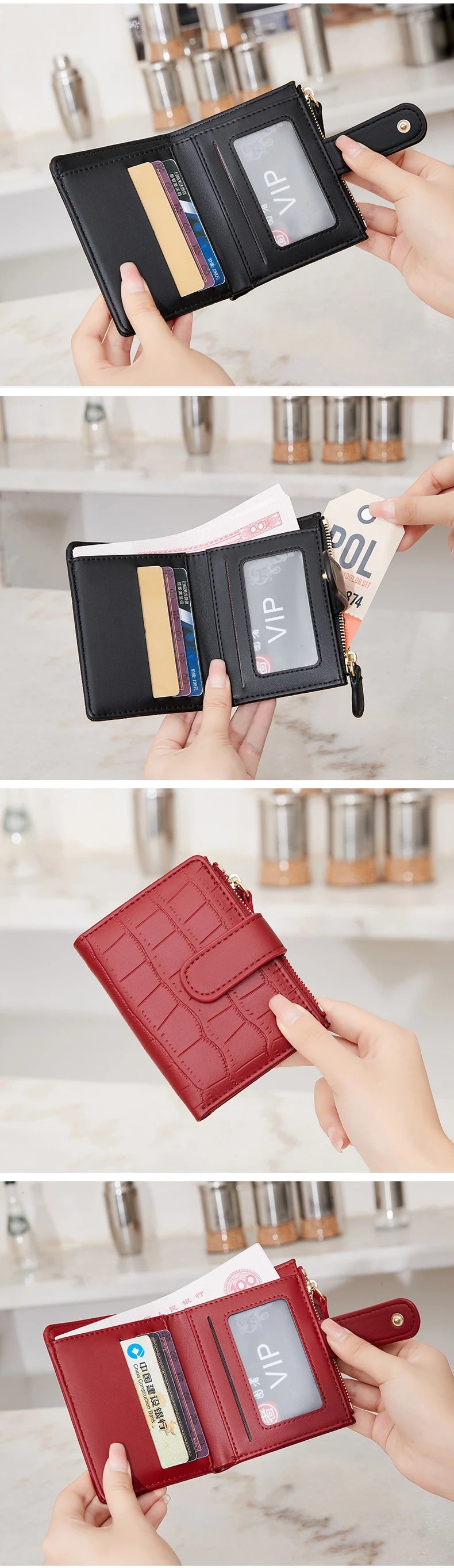 A close-up of a black minimalist PU leather bi-fold wallet with an ID window and a red quilted leather wallet.
