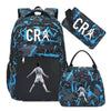 Black and blue sports laptop backpack with a black rain cover featuring a soccer player design.