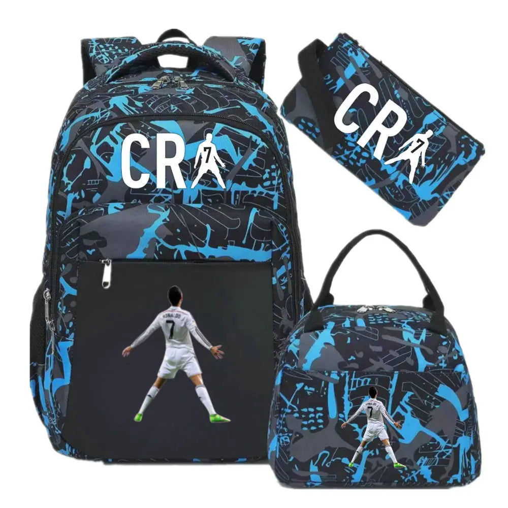 Black and blue sports laptop backpack with a black rain cover featuring a soccer player design.