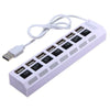 A white 7-port USB splitter hub with on/off switches and a white cable.