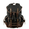 Mochila de senderismo de lona marrón oscura con detalles de cuero y hebillas de latón.