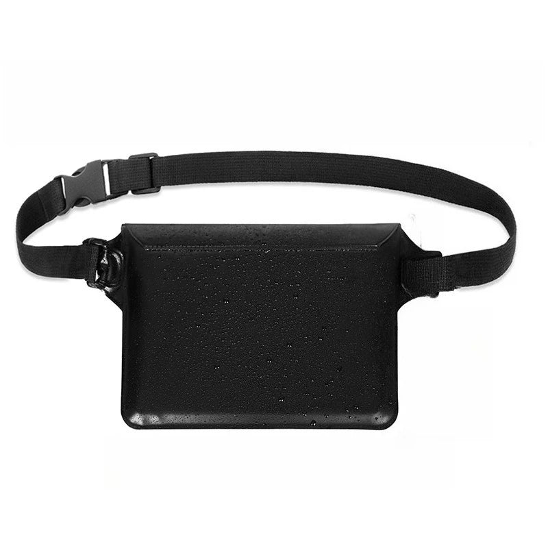 Black waterproof mobile phone pouch with a black strap for protection