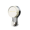 A close-up view of a clear suction hook with a gold-colored suction cup and a smooth surface for gripping.