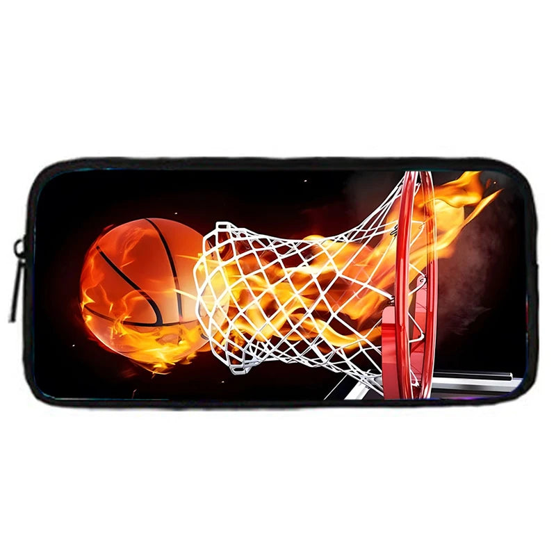 A black pouch featuring a graphic of a basketball net engulfed in flames.