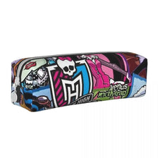 A colorful, patterned leather pencil case featuring skulls and vibrant colors.