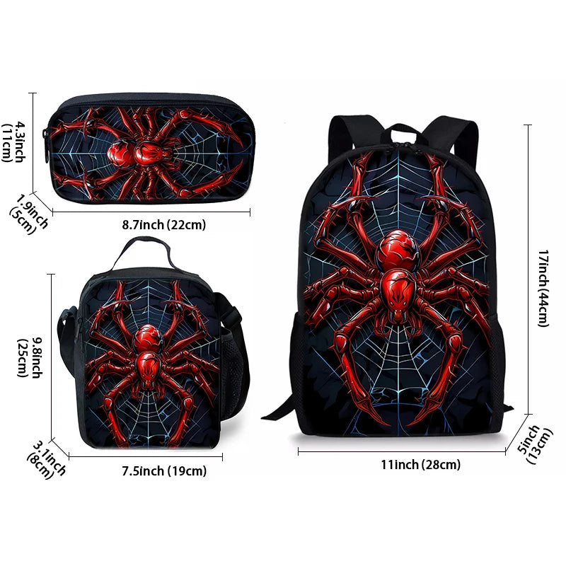 A set of three cartoon spider backpacks featuring a red and black spider design on a dark fabric.
