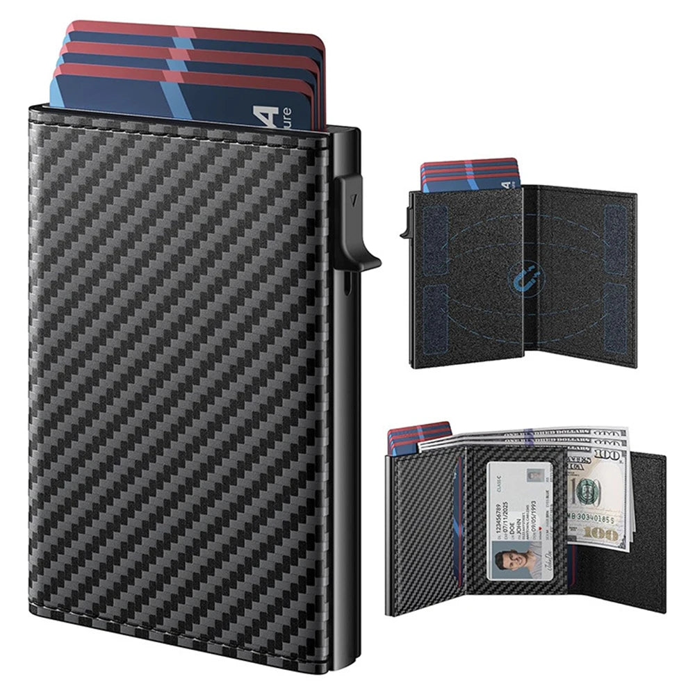 A black textured magnetic card holder wallet displaying several credit cards and an ID card.
