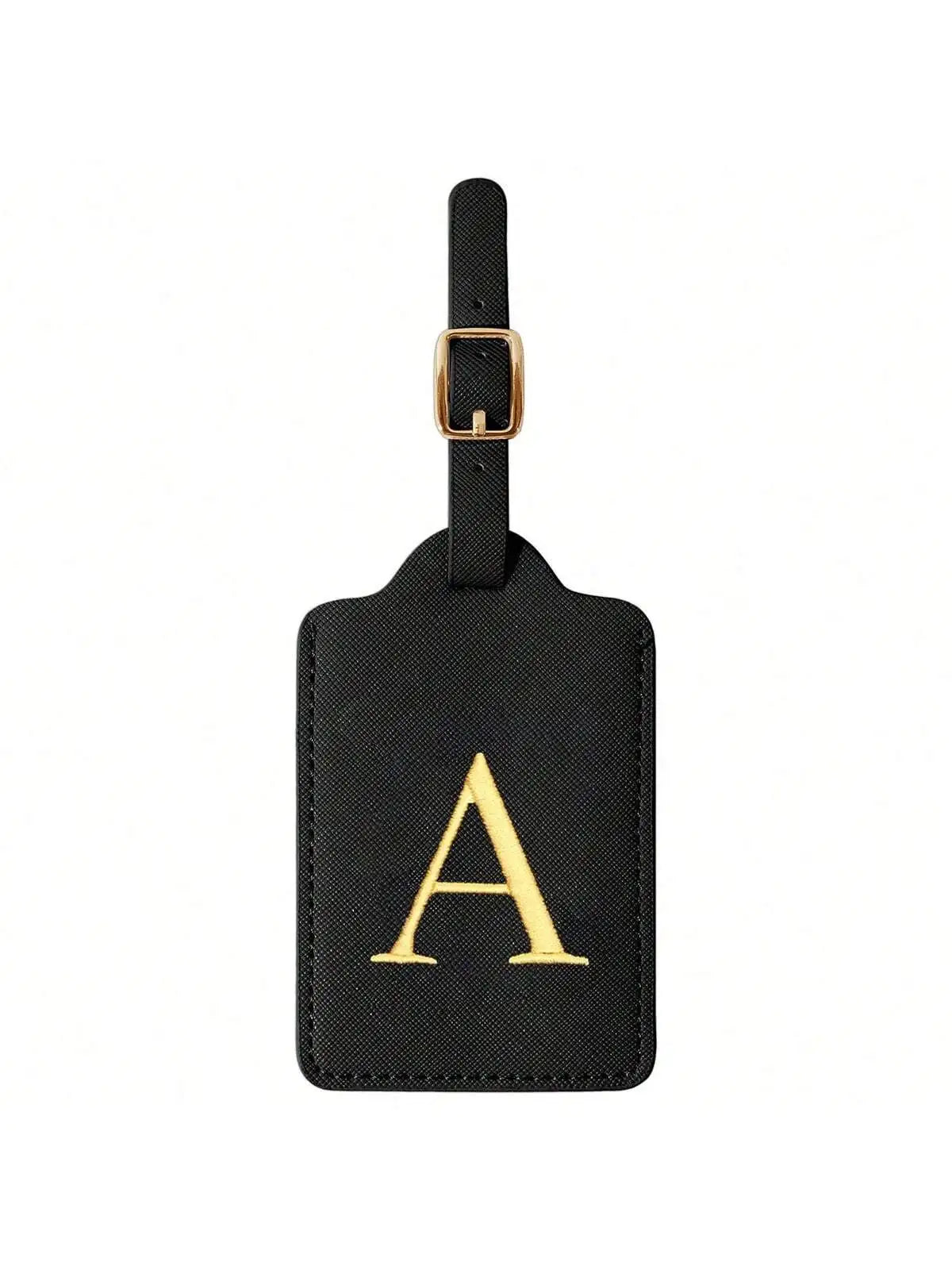 Black PU leather luggage tag with a gold letter A and privacy cover.