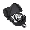 A black durable unisex leisure shoulder backpack shown in various views and worn by a person.