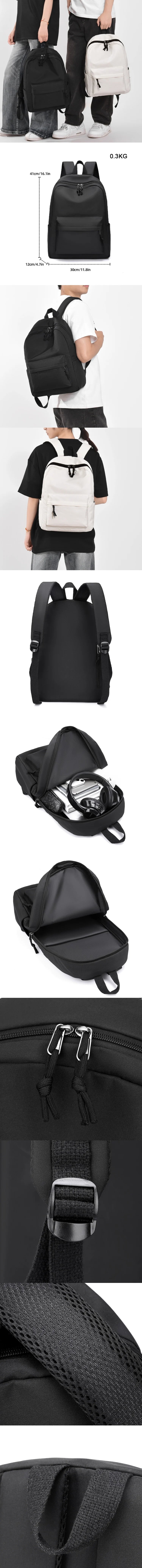 A black durable unisex leisure shoulder backpack shown in various views and worn by a person.
