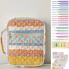 A quilted floral Bible cover with a zipper and pen holder featuring various pastel and earthy tones.