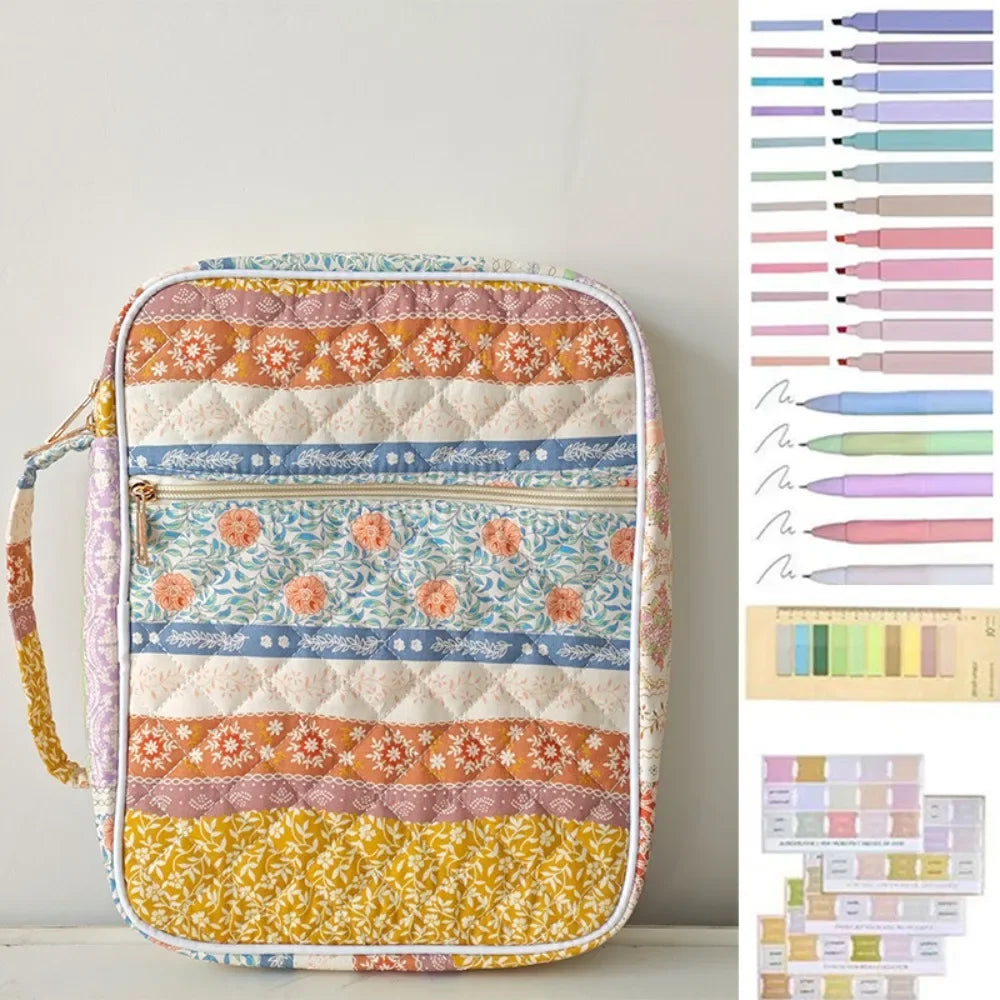 A quilted floral Bible cover with a zipper and pen holder featuring various pastel and earthy tones.
