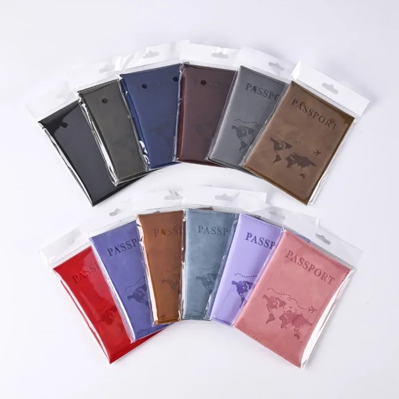 A set of elegant pink leather passport holders in various shades and colors packaged in clear plastic.
