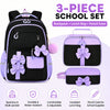 A 3-piece school set featuring a black backpack, lunch bag, and pencil case in purple and black.