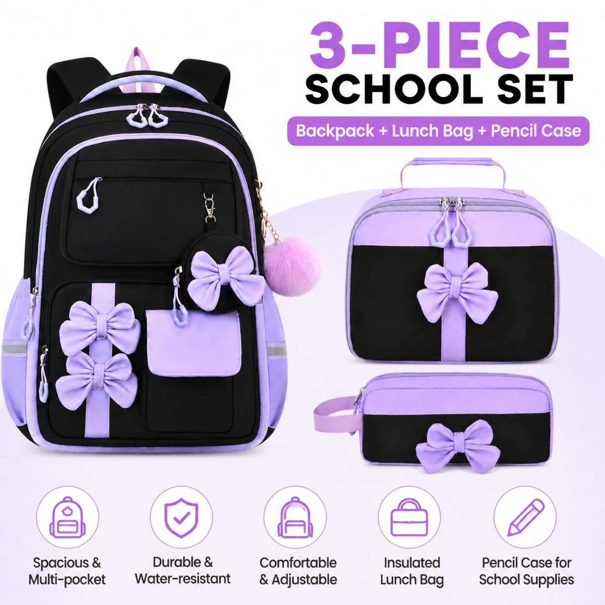 A 3-piece school set featuring a black backpack, lunch bag, and pencil case in purple and black.
