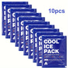 A stack of ten blue reusable ice pack cooler bags labeled for long lasting cold storage.