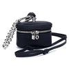 Black handcrafted leather coin purse with a silver chain and lanyard attached.