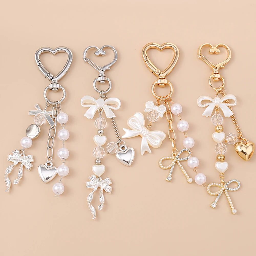 Gold and silver pearl bow heart keychains for bags and keys