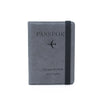 A dark gray passport holder with black trim and a silver airplane logo on the cover.
