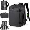 A black expandable travel backpack shown with separate components including a laptop sleeve and a backpack frame.