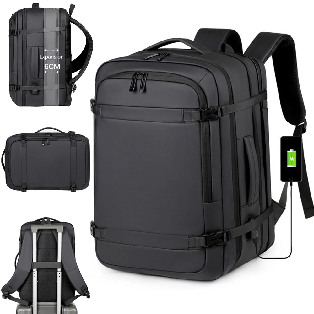 A black expandable travel backpack shown with separate components including a laptop sleeve and a backpack frame.