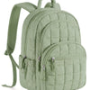 A light green quilted laptop backpack with a padded shoulder strap.